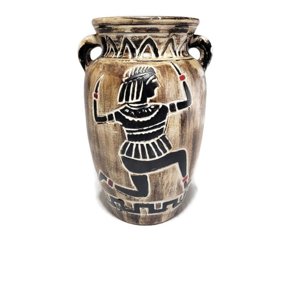 Vintage Motif Vase Egyptian Pharaoh Art Pottery Clay Earthenware 9" Hand Crafted